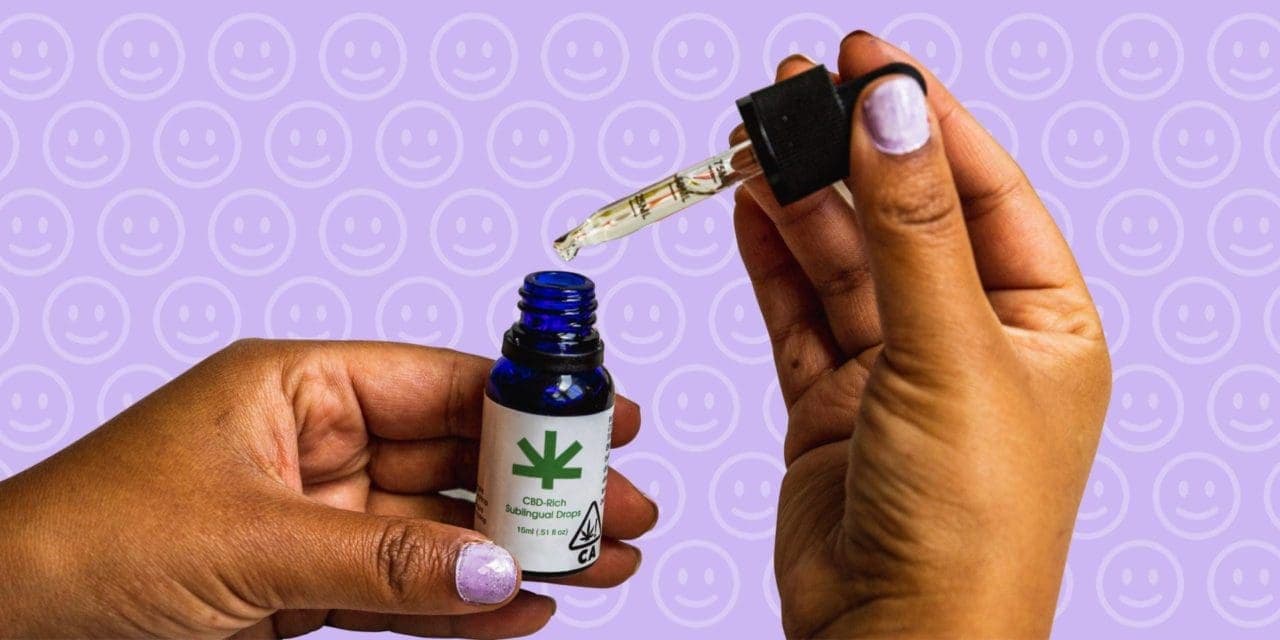 woman holding dropper of CBD oil on purple bg
