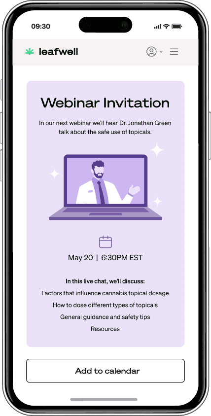 Smartphone illustration showing a webinar invitation for an informational session with a hypothetical topic of using cannabis topicals safely